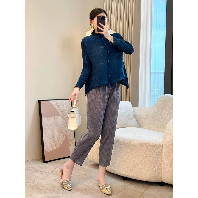 三宅高级夏季时尚气质高级感休闲长袖蓝色重工褶皱宽松长袖开衫