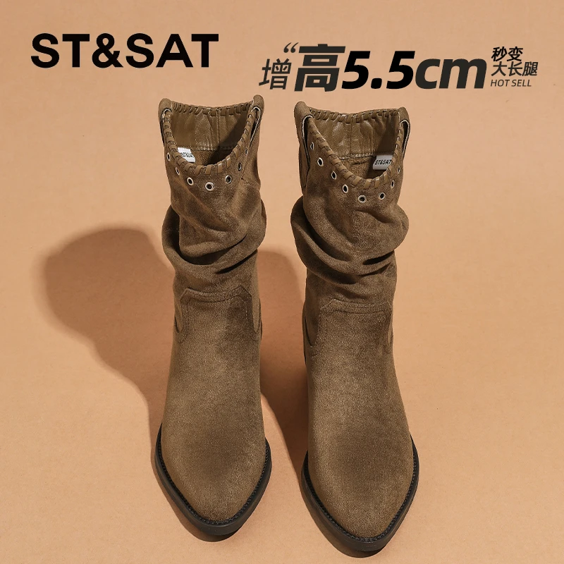 星期六尖头女靴褶皱堆堆靴女2025新款秋季粗跟短靴手工缝线骑士靴