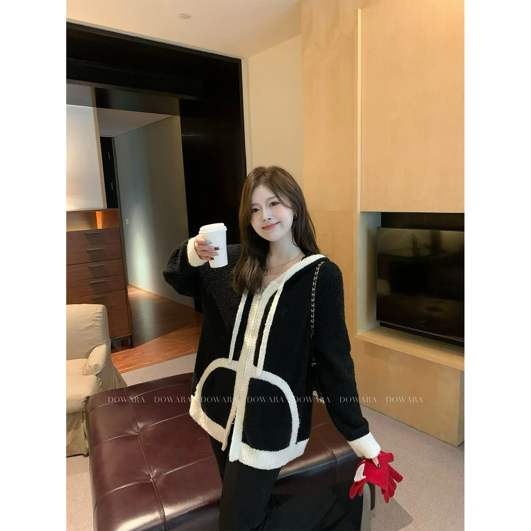 大婉酱微胖定制慵懒风拼接连帽毛衣冬季撞色减龄针织衫上衣 5695D