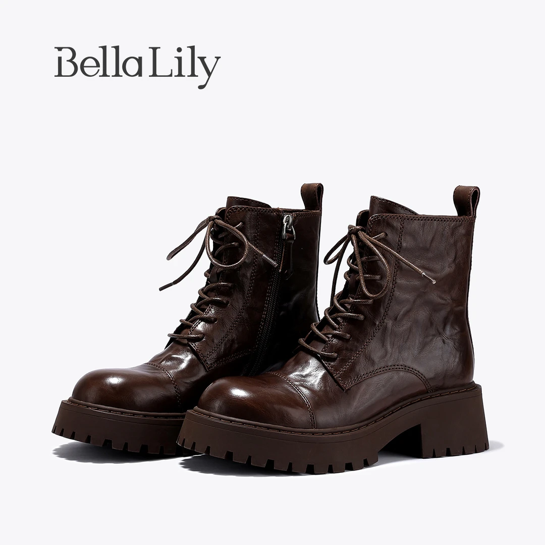 BellaLily秋季新款英伦风马丁靴女牛皮靴子褶皱质感复古潮靴