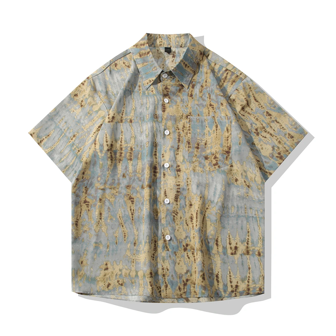 日系复古老钱冰丝短袖衬衫男士潮流撞色衬衣夏季薄款速干痞帅男装