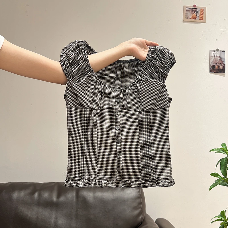 韩系格子飞飞袖U领短袖t恤女夏季新款设计感小众收腰显瘦开衫上衣