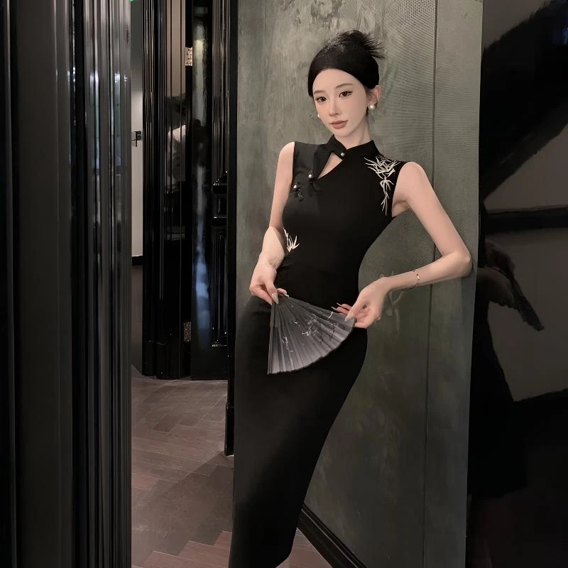 新中式国风刺绣竹子无袖盘扣旗袍裙纯欲风性感气质显瘦长款包臀裙