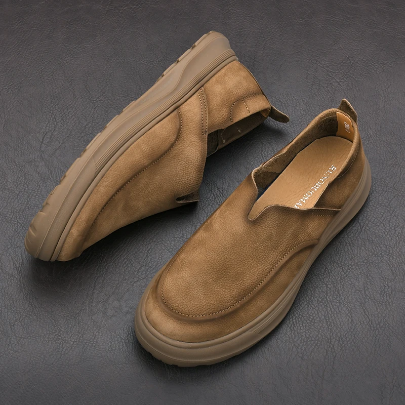 新款头层牛皮男欧美夏天厚底一脚蹬手工男鞋复古软皮舒适专用