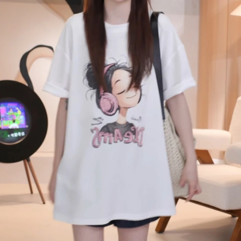 【音乐女孩】夏款韩版休闲圆领卡通印花镂空短袖T恤LK2503303