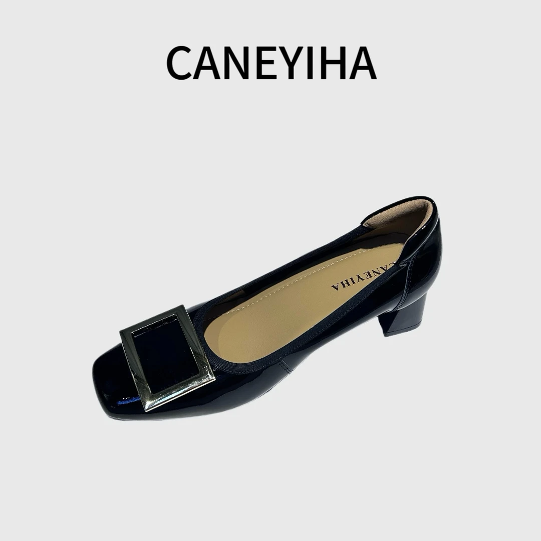 CANEYIHA气质真皮通勤方扣牛漆皮皮鞋粗跟时尚单鞋高跟百搭990943