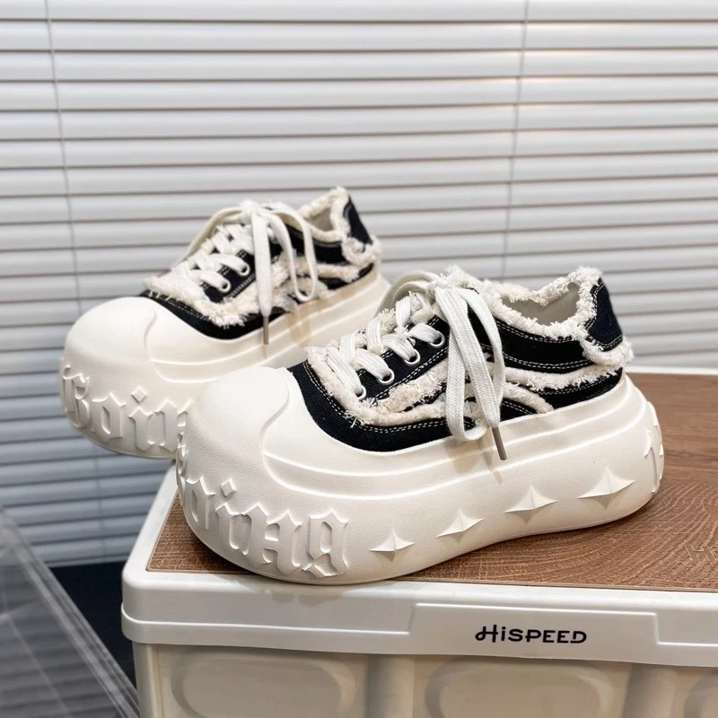 牛仔破布大头松糕厚底面包鞋女系带帆布鞋小个子增高8CM休闲板鞋