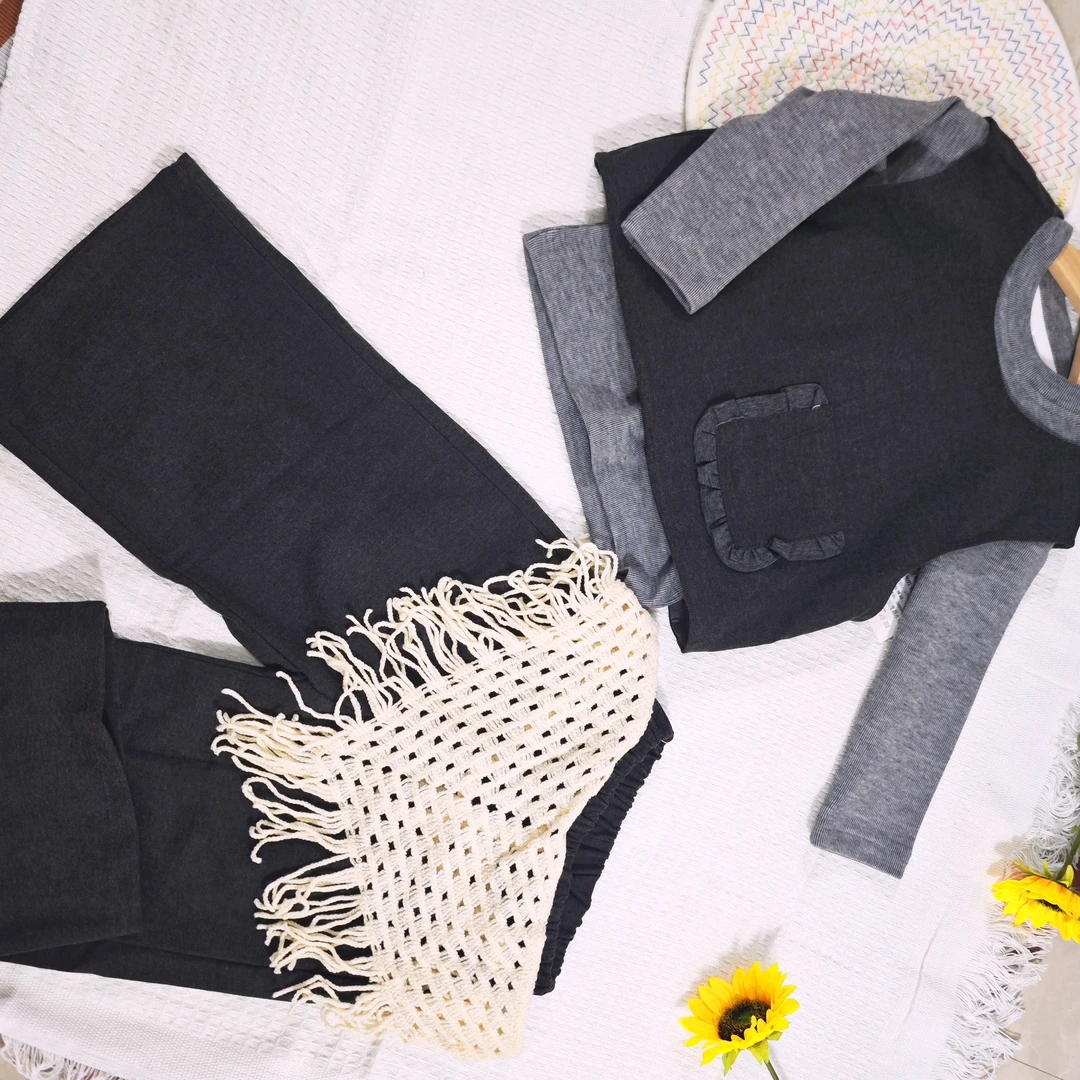 冬季秋季法式时尚女童套头女极简风套装弹力常规款