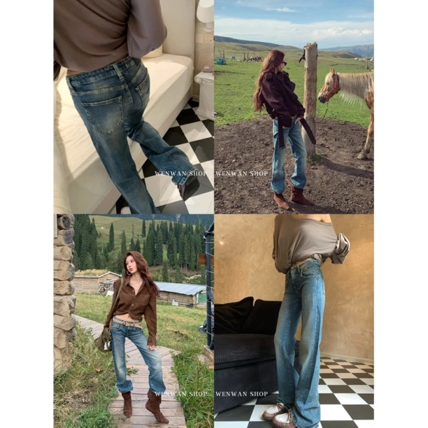 【Rl3*不重样】蓝色低腰设计直筒百搭显瘦牛仔裤