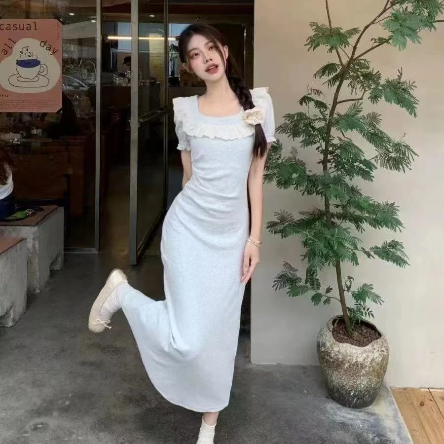 【K705】苹#时尚百搭褶皱方领修身连衣裙
