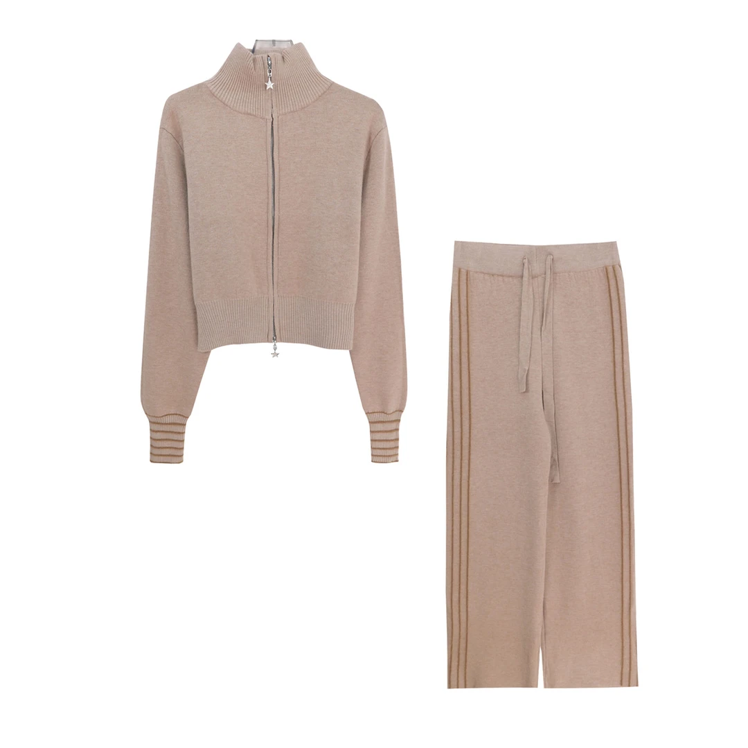 S慵懒软糯气质立领拉链上衣阔腿裤套装X27723