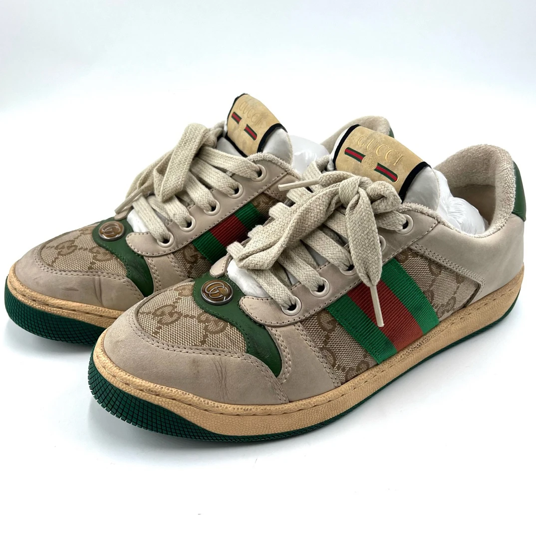 95新 GUCCI/古驰 37.5码/灰绿双G珐琅复古皮革做旧脏脏鞋/08724