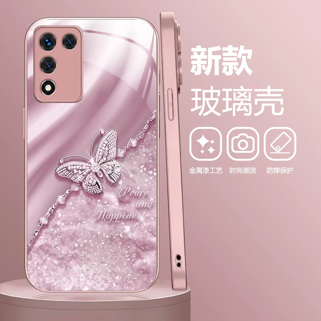 适用于OPPO K10 活力版 蝴蝶纹液态玻璃手机壳 高级感 全包防摔刮