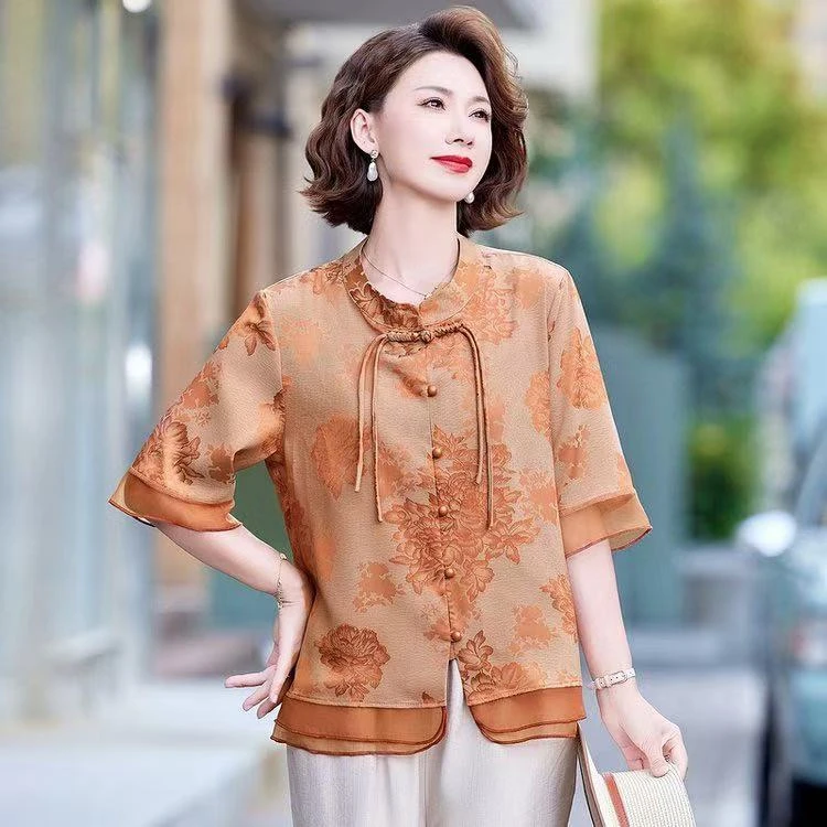 圆领中老年女装中国风雪纺小衫衬衣妈妈装显瘦夏装