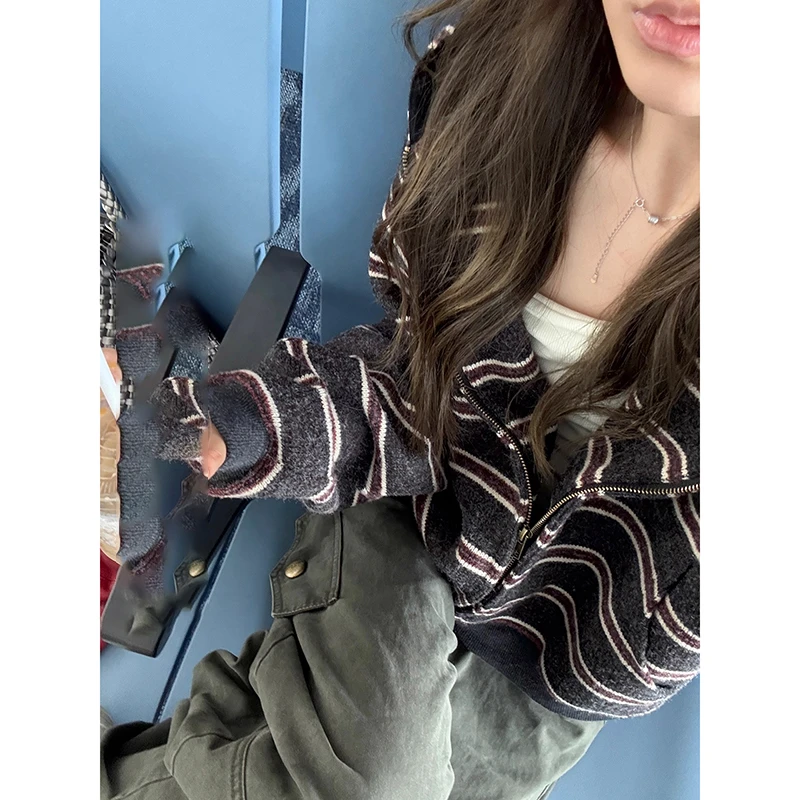 美式复古条纹卫衣设计感连帽条纹拉链开衫毛衣外套女秋冬针织上衣