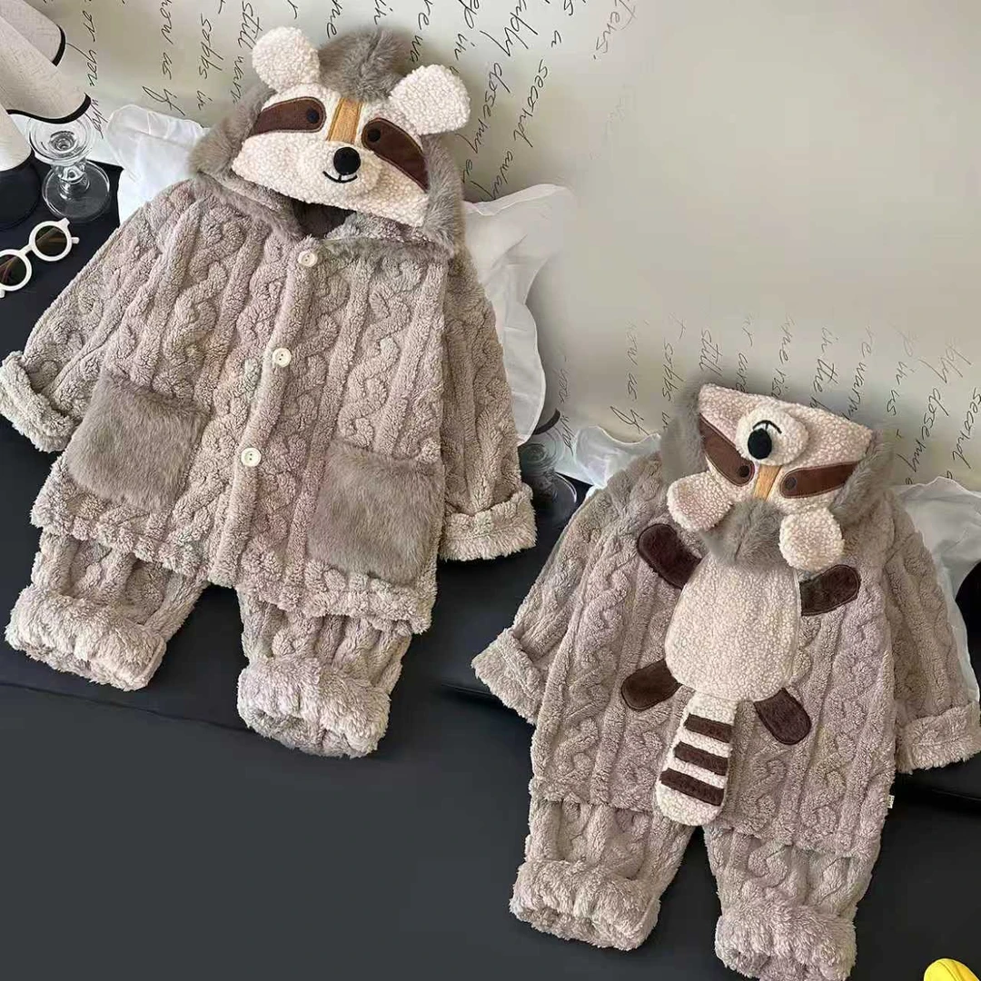 【冬季新款】浣熊男女童睡衣套装加绒加厚保暖中小童家居服新品睡衣