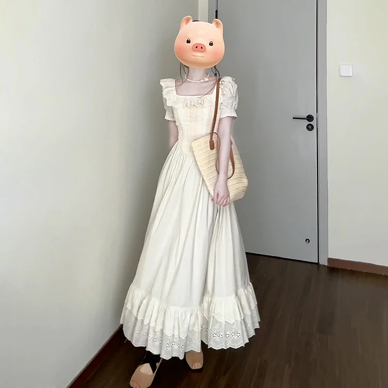 夏季法式气质方领白色连衣裙子女装2025新款蕾丝拼接温柔收腰长裙