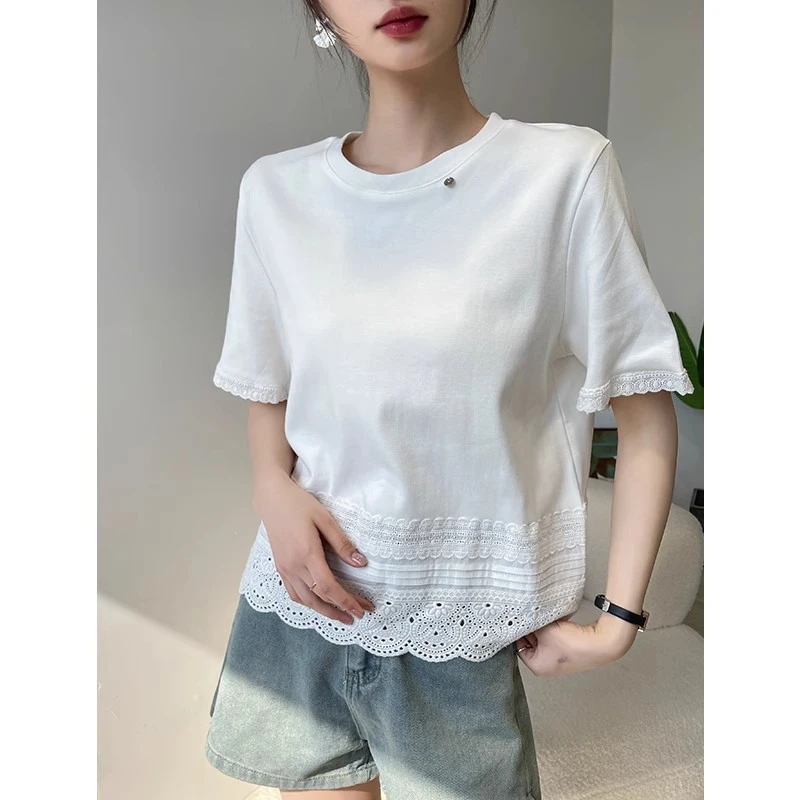 白色圆领短袖T恤女2025新款夏季蕾丝拼接独特体恤内搭打底衫上衣