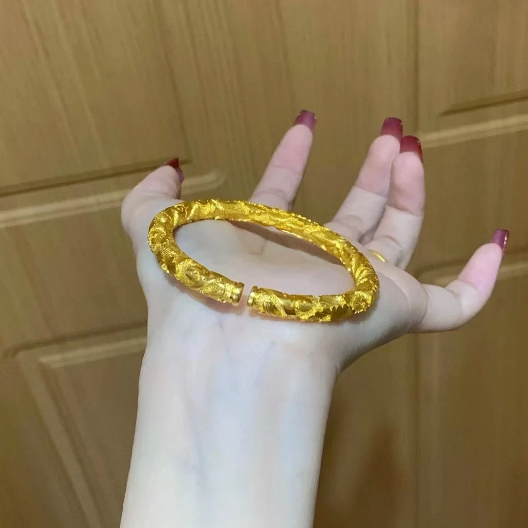 合金手镯 【精工高货】古法鎏金雕刻牡丹花手镯 精工实心开口手镯