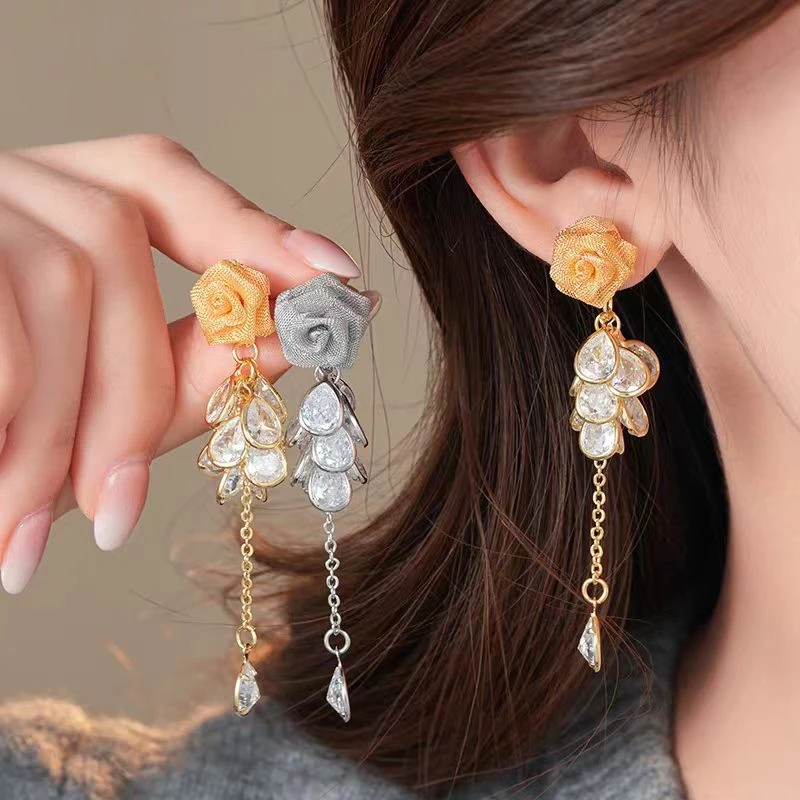 超仙时尚网纱花朵锆石长款流苏耳环海边秋冬气质耳钉女高级感耳饰