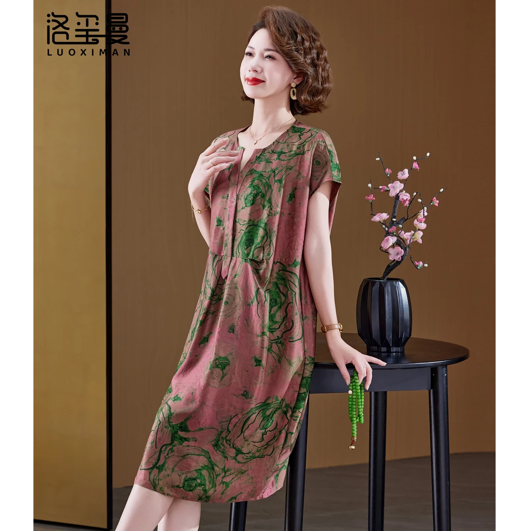 洛玺曼香云纱短袖印花夏季中老年气质显瘦常规款时尚连衣裙妈妈装