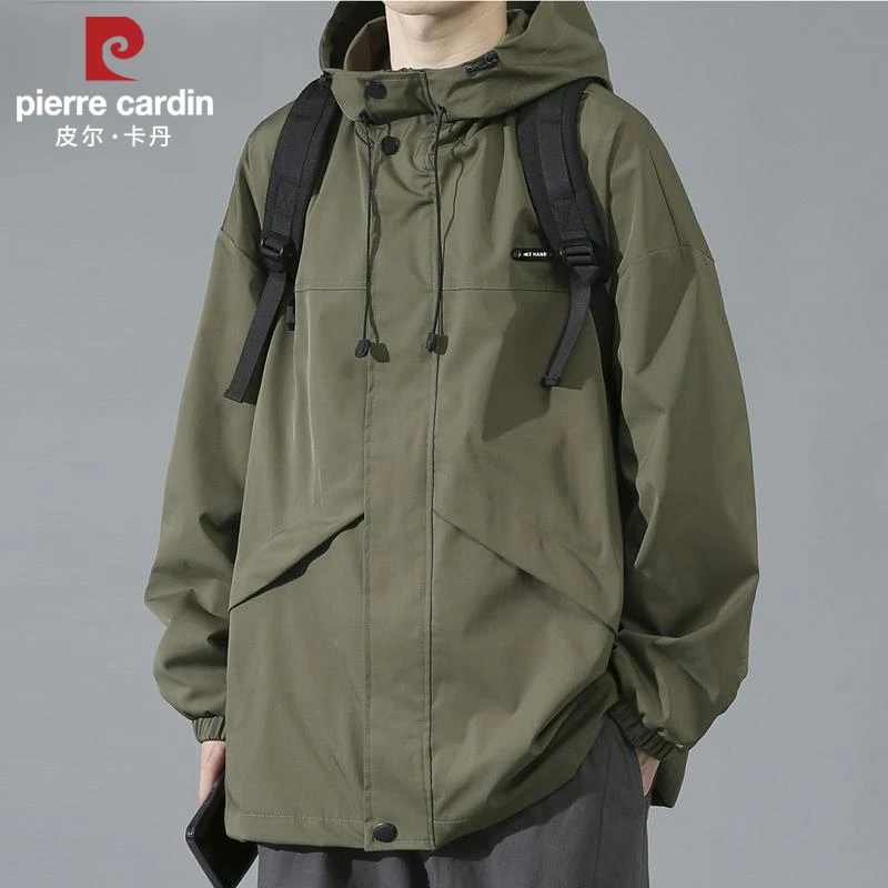 皮尔卡丹连帽工装夹克男士春秋季新款潮牌宽松户外冲锋衣外套防风