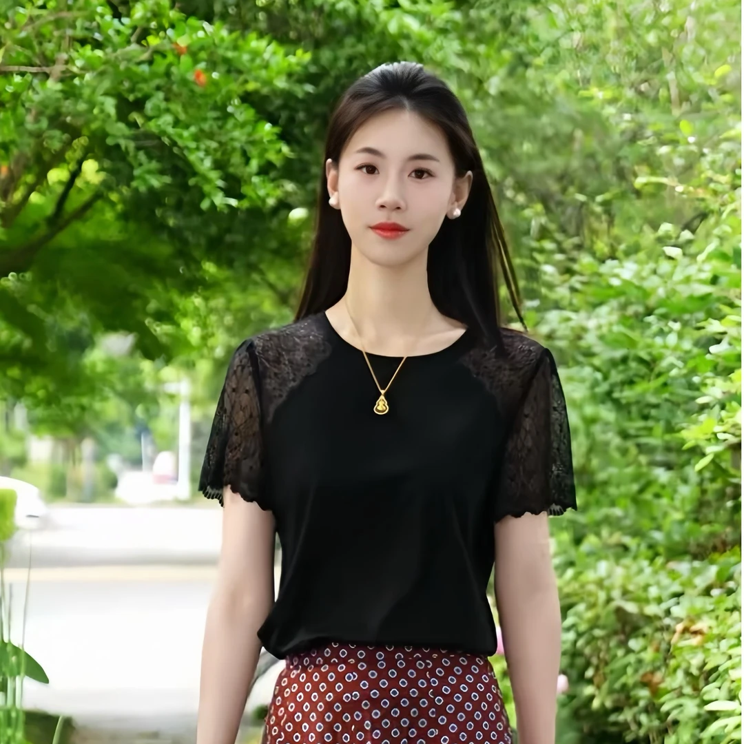 AMASS/阿玛施新款品质女装蕾丝短袖套头T恤上衣女5301053