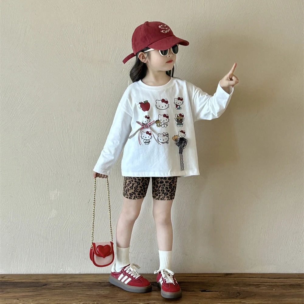 2025春季新款女童卡通印花T恤手工蝴蝶结韩版儿童豹纹短裤夏装潮