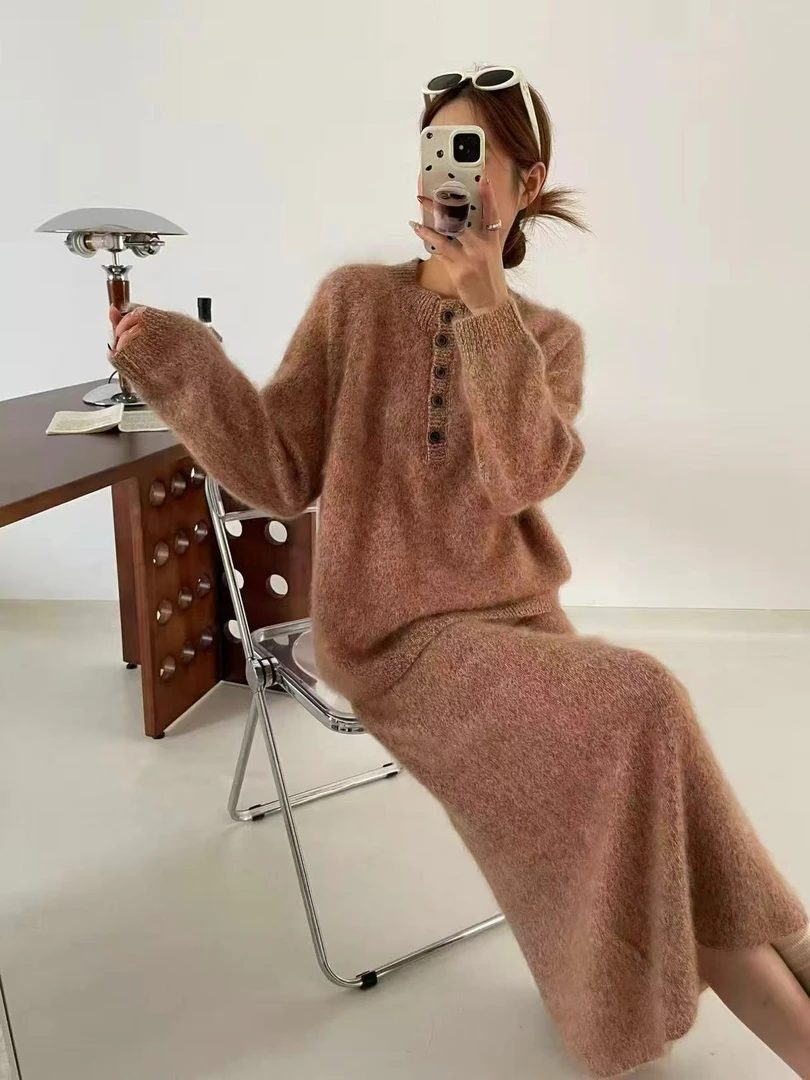 慕成家X宽松型中长款羊毛拉毛套装两件套复古风胖妹妹气质网红