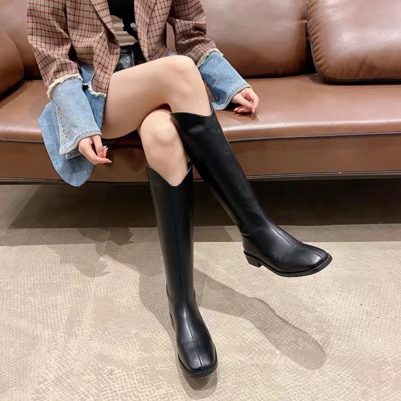 秋冬新款韩版通勤瘦瘦简约厚底裸靴长靴888(长靴薄绒)