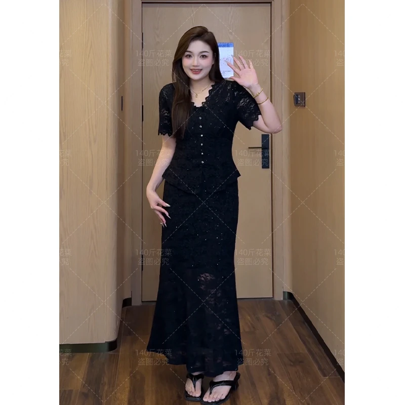 微胖女装气质时尚法式精致显瘦上衣+高腰拼蕾丝半裙JWT1311