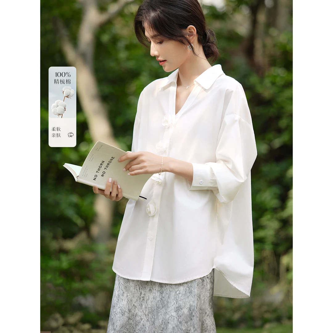 XWI/欣未衬衣秋季情人节立体玫瑰花浪漫设计感慵懒风纯色白色衬衫