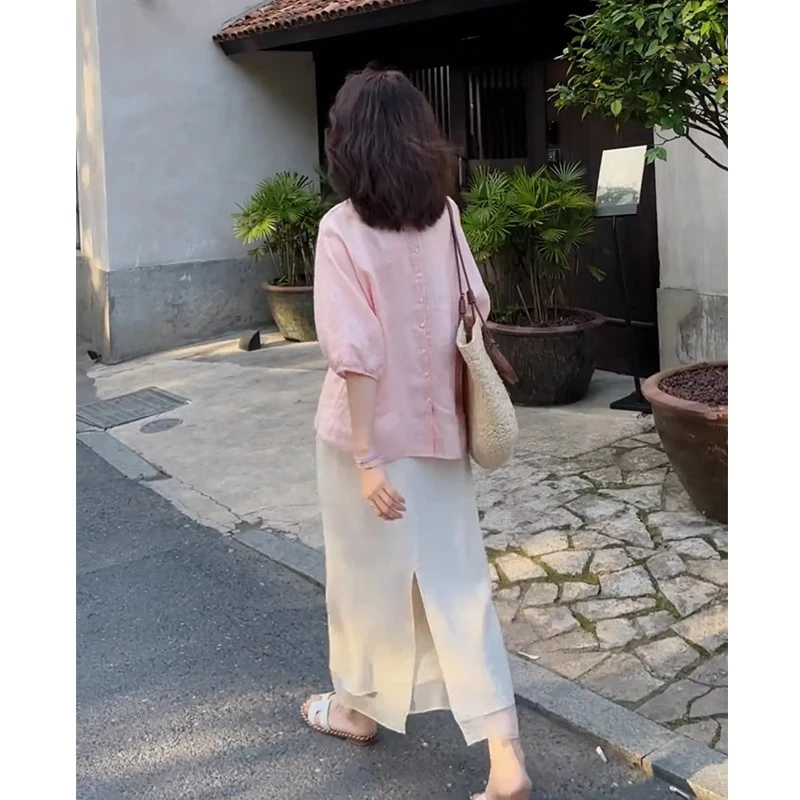 2025夏季新款前后两穿中袖衬衫显瘦半身裙两件套时尚套装