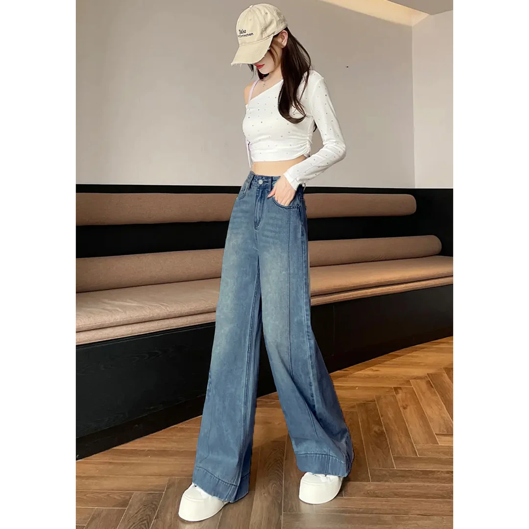 初秋微喇鱼骨ins设计感蓝色宽松显瘦时尚极简时尚牛仔裤