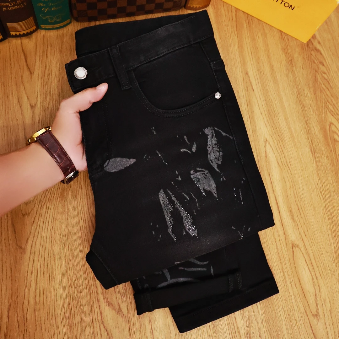 牛仔裤男款爆款2025新款高端潮牌烫钻修身秋冬季潮流黑色男士裤子