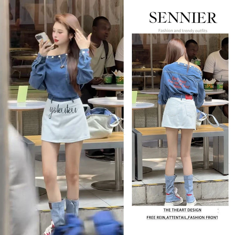 时尚穿搭女2025早秋新款美式复古牛仔斜肩长袖百搭字母短裙两件套