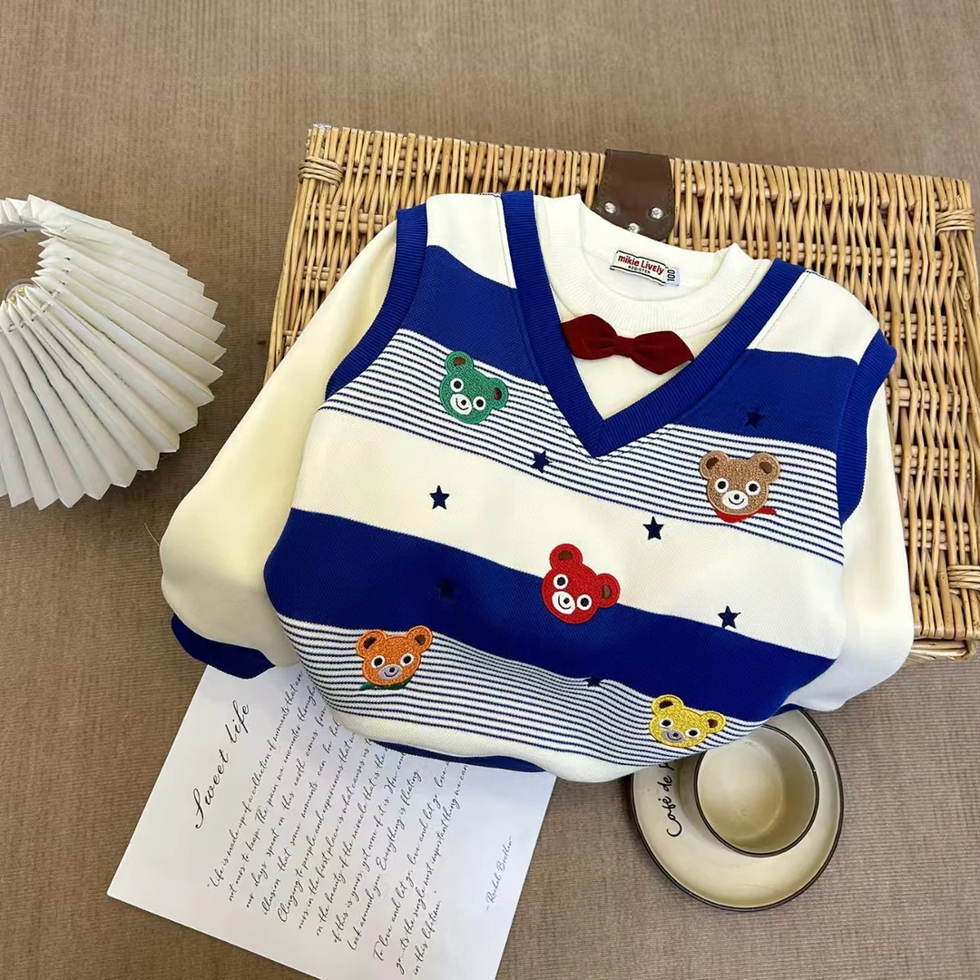 儿童秋冬加绒上衣绅士风条纹刺绣蝴蝶结五星熊加厚男宝卫衣3615