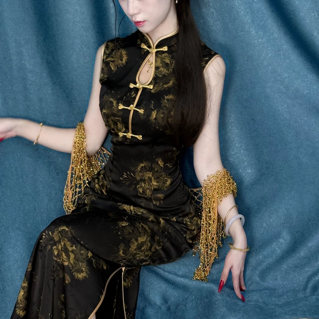 LHMknk1画报夫人原创自制新中式江南风改良旗袍裙 帝国黑金无袖