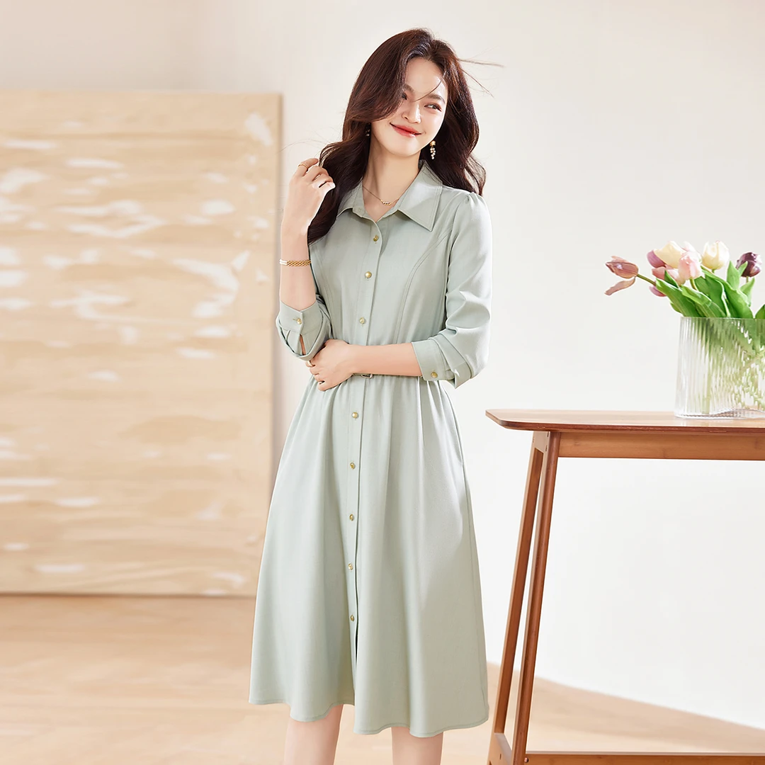 秋装长袖气质翻领中长款显瘦连衣裙1328