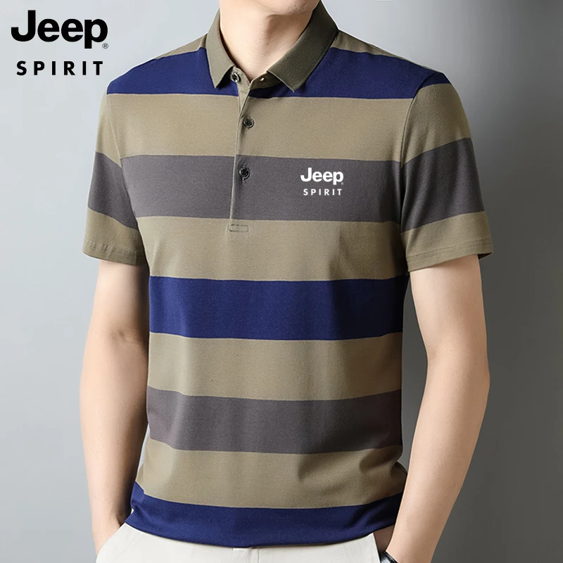 jeep吉普中年男士条纹半袖Polo衫商务百搭休闲时尚翻领短袖T恤男