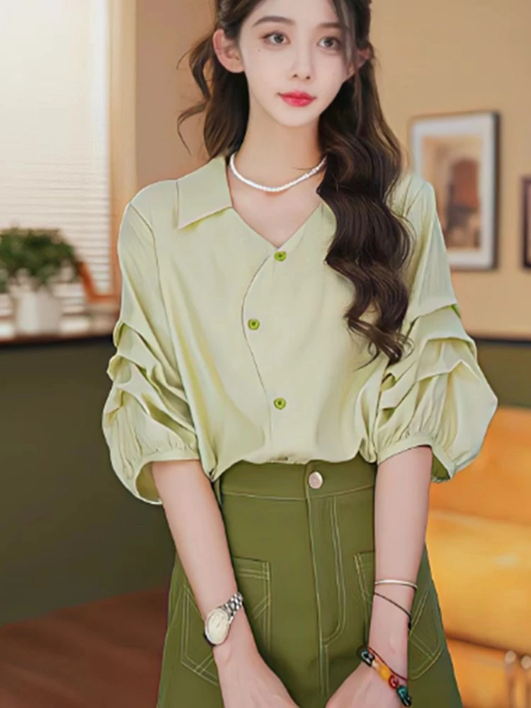 法式欧货设计感不规则灯笼袖衬衫女夏季新款洋气独特百搭短袖上衣