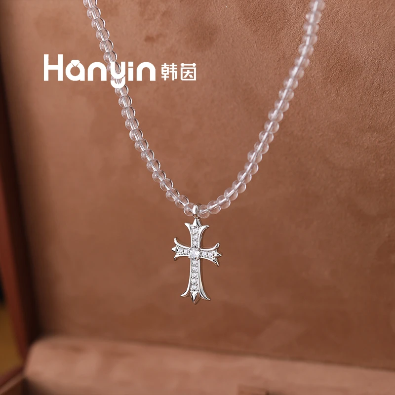 铜合金仿水晶项链 韩版气质超闪满镶十字架项链轻奢高级感AAA