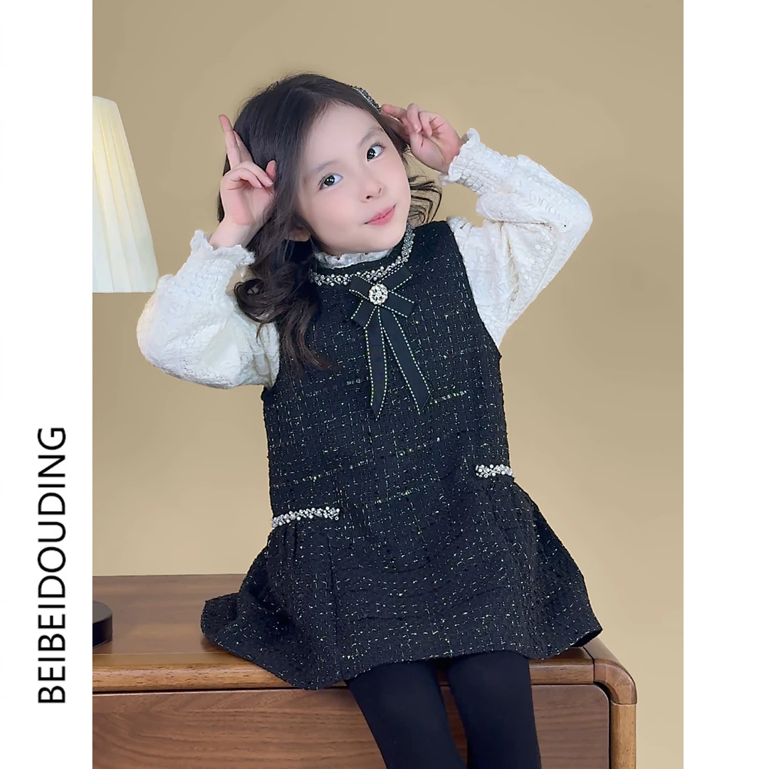 女童粗花呢小香风无袖背心裙2025秋冬新款宝宝黑色轻奢烫钻连衣裙