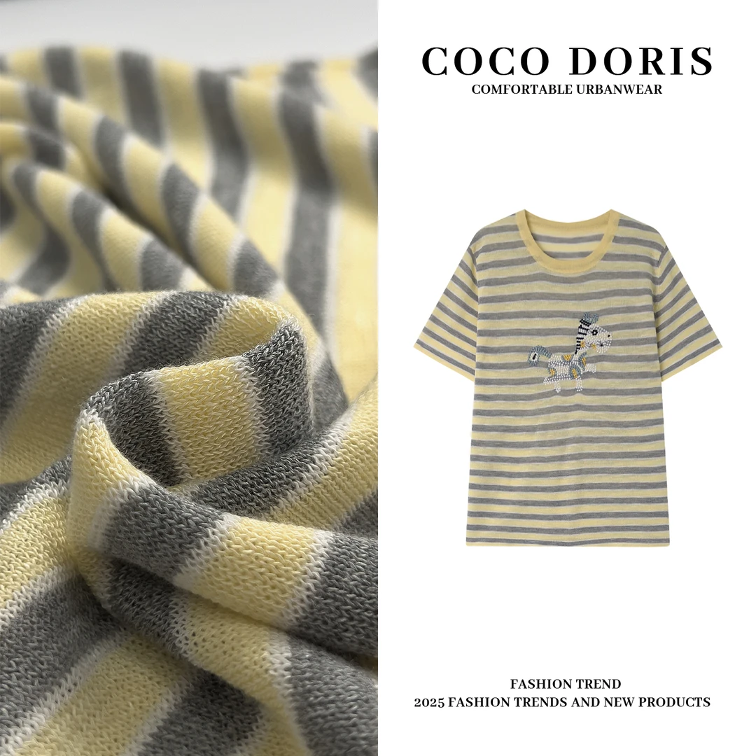 COCO DORIS 2025春夏新款小马刺丝条纹T恤通勤百搭短袖上衣317