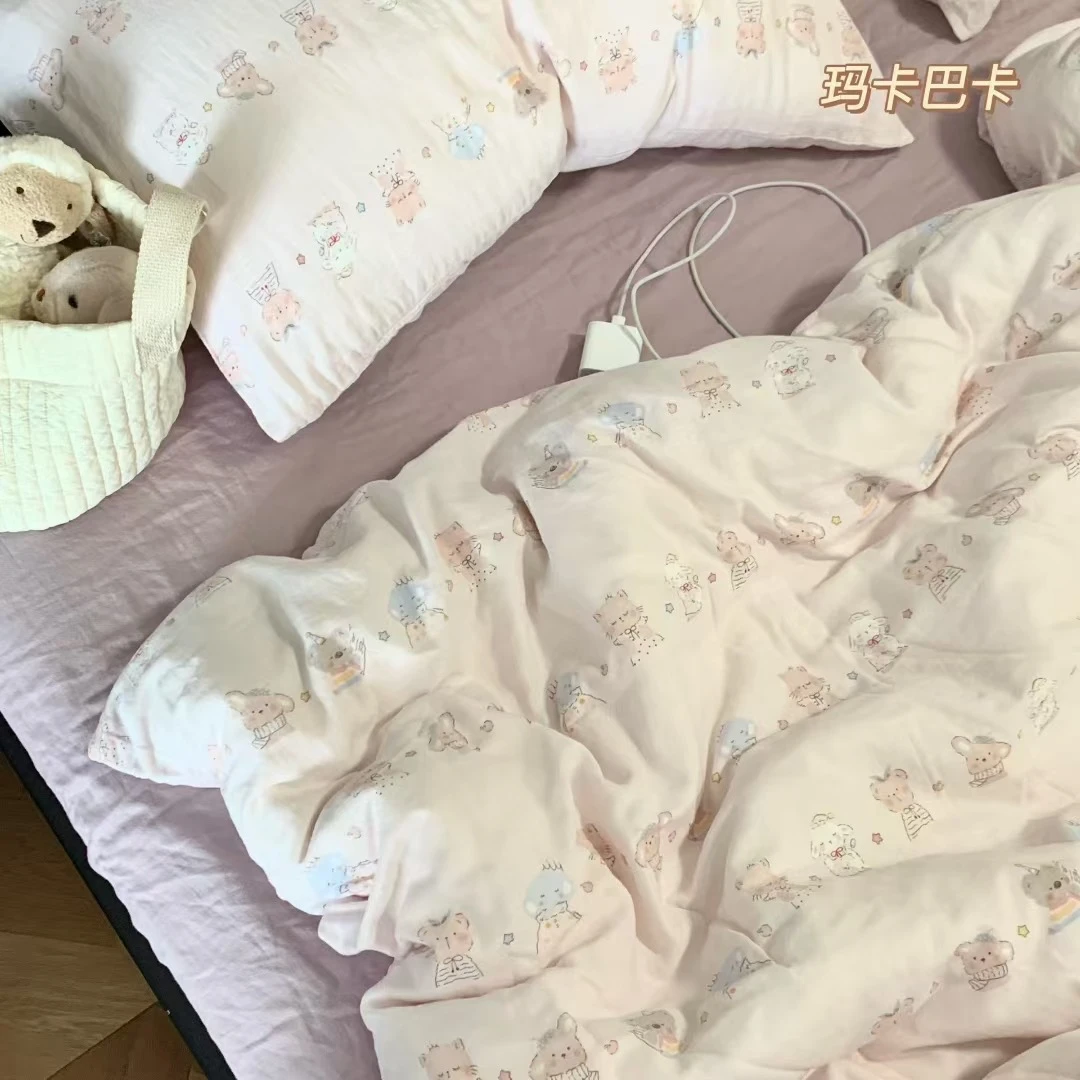 2025升级款韩版全棉双层纱纯棉A类母婴级四件套卡通100棉学生宿舍