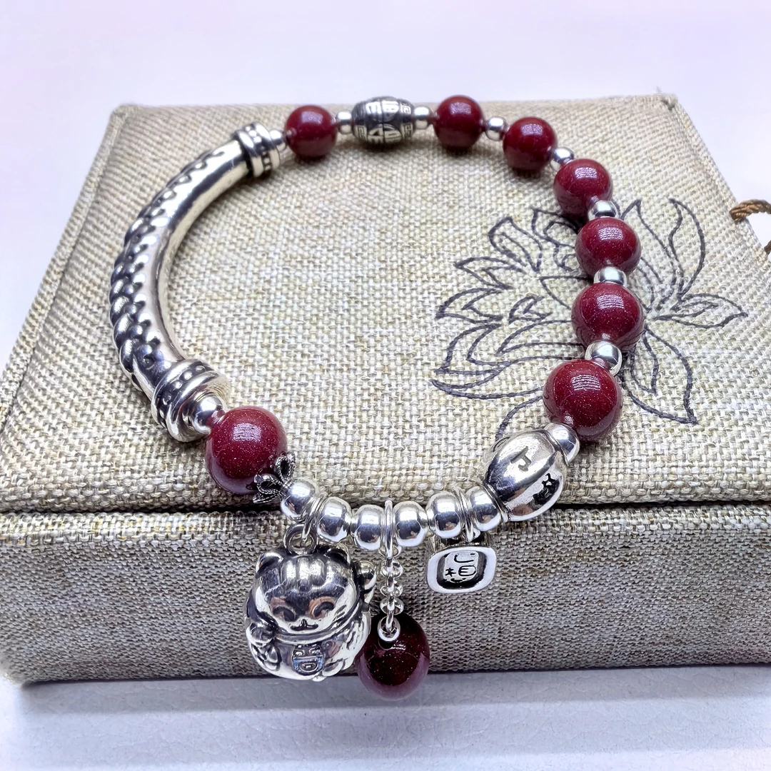 含辰砂工艺品足银手链麦穗弯管招招猫心想事成朱砂手链手腕配饰