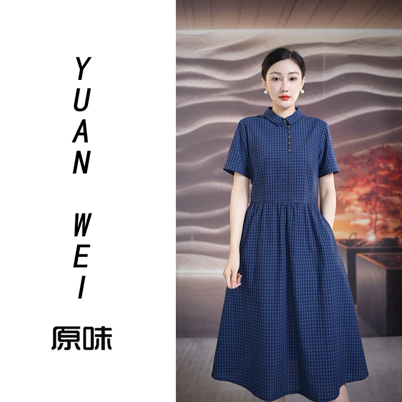 25172小翻领棉麻格子显瘦文艺范连衣裙T