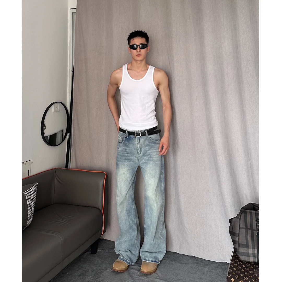 美式休闲冰川蓝牛仔裤直筒vintage复古水洗竹节纹设计感长裤男女