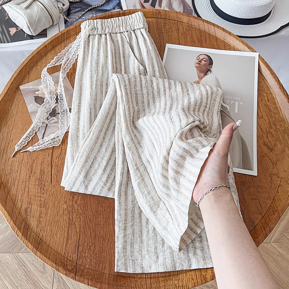 拉夏贝尔薄款条纹阔腿裤女秋2025新款百搭流行高腰显瘦休闲直筒裤