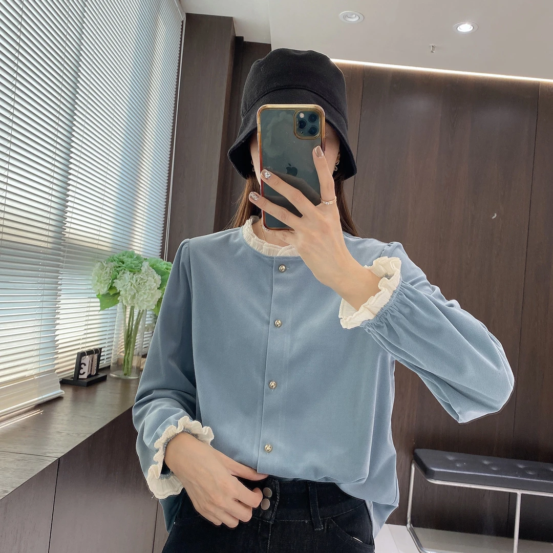 IMFLY金小金自制女装 衬衫DYW8272早春气质花边拼接小衫上衣女